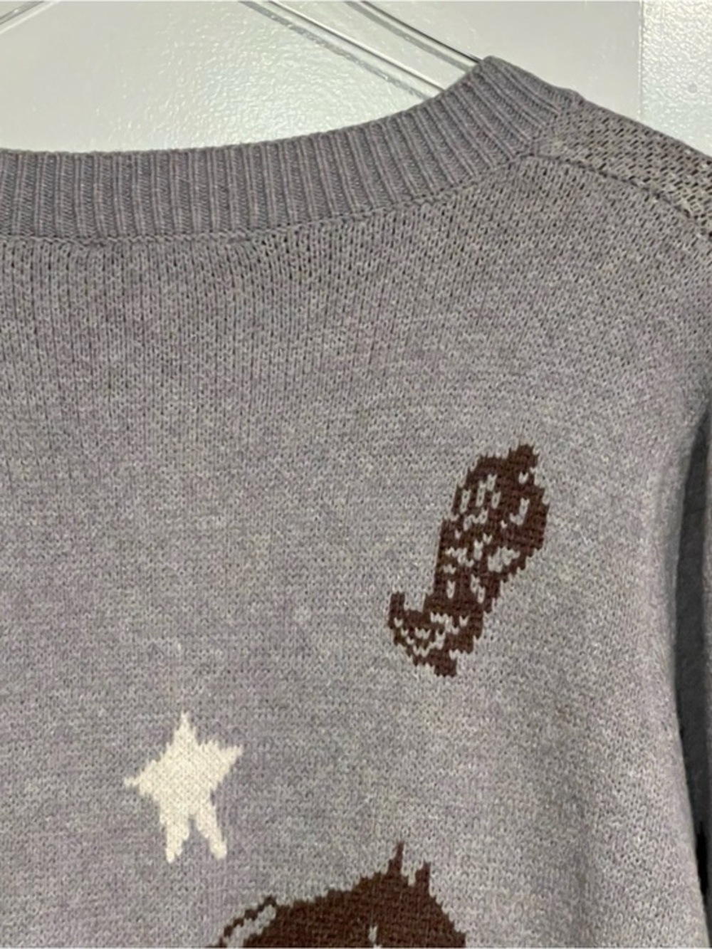 NWT Knit Cardigan BoHo Western Horse Equestrian Boots Stars Gray Brown Cream XL - Picture 14 of 16